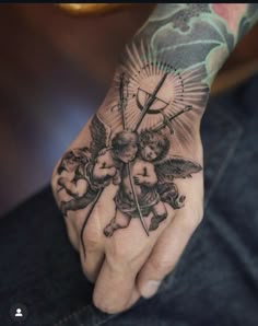 Archangel Michael Tattoo Hand, Saint Hand Tattoo, High Class Tattoo, Hand Into Arm Tattoo, Christians Tattoo Ideas, Tattooed Hand, Religious Hand Tattoos, Greek Forearm Tattoos, Hand Tattoo Mens