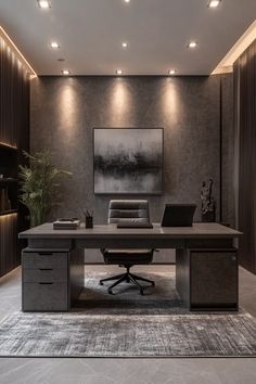 an office area with a desk, chair and large painting on the wall behind it