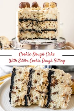 two pictures of cookies dough cake with edible cookie dough filling on the top and bottom