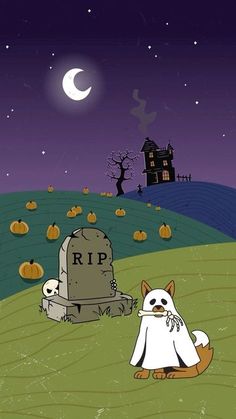 an animated halloween scene with ghost and tombstones
