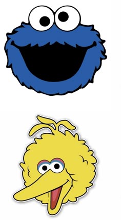 the sesame character is smiling with his eyes wide open and mouth wide, next to an image of cookie monster