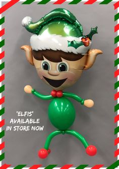 an inflatable christmas elf balloon with the words elf's available in store now