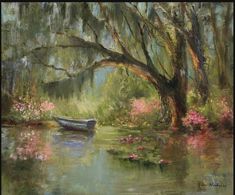 a painting of a boat in the water under a tree with pink flowers on it