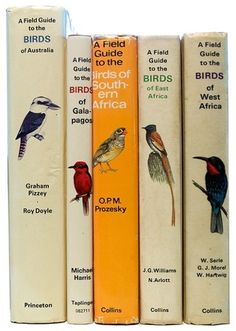 four books with birds on them lined up against each other in front of white background