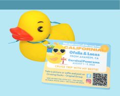 a rubber ducky with sunglasses on it's head and name tag attached to its neck