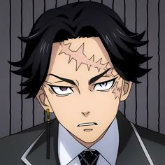an anime character with black hair wearing a suit and tie, staring at the camera