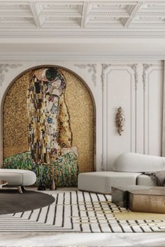 a living room filled with furniture and a painting on the wall