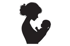 the silhouette of a woman holding a baby in her arms, with one arm up