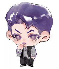 an anime character with purple hair wearing a black suit and tie, holding his hand to his face