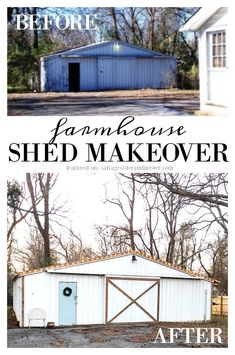 the before and after photos of a shed makeover
