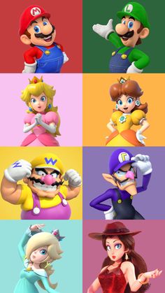 mario and luigi are all different colors in the same image, each with their own character