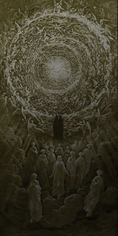 an image of people standing in the middle of a circle with angels surrounding them and one person looking up into the sky