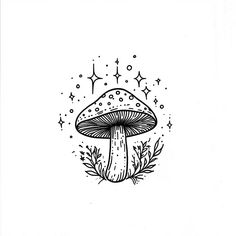 a black and white drawing of a mushroom with stars in the sky on it's back