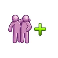 two people standing next to each other in front of a green plus sign on a white background