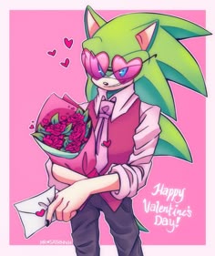 a drawing of a person holding a bouquet of flowers with the caption happy valentine's day