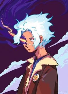 an anime character with white hair and blue eyes standing in front of purple clouds, looking at the camera