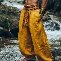 Men's Summer Pants Bloomers Baggy Pants Pocket Color Block Comfort Breathable Daily Holiday Retro Vintage Chinese Style Yellow 2025 - $25.99 Yellow Harem Pants With Pockets For Summer, Yellow Bohemian Harem Pants For Summer, Linen Harem Pants For Beach And Summer, Boho Pants Men, Indie Boys, Yellow Harem Pants With Loosely Fitted Hips, Spring Beach Linen Harem Pants, Yellow Loosely Fitted Harem Pants, Bohemian Linen Ankle-length Pants