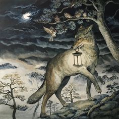 a painting of a wolf with a lantern in its mouth and two birds flying over it