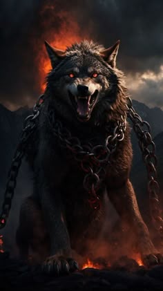 a wolf with chains on it's neck in front of a dark sky and mountains