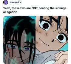 two anime characters one with blue eyes and the other with black hair, both staring at each other