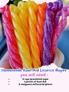 there are many different colored candles in the cup with text on it that says homemade kool - aid licorce ropes you will need
