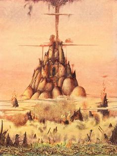 a painting of a castle on top of a hill