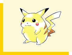 a drawing of a pikachu in yellow and white with the word pokemon on it