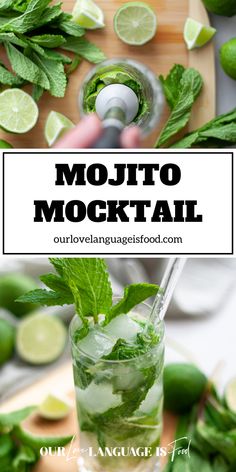 mojito cocktail in a glass with limes and mint on the side next to it