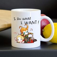 a white coffee mug sitting on top of a table next to an apple and banana