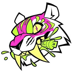 a drawing of a cat with green and pink colors