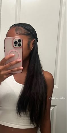 Silk Press With Braids On The Side, Black Straighten Hairstyles, Ways To Style A Sew In, Straight Hair Hairstyles Braids, Laid Hairstyles, Hairstyle For Formal, Two Braids Into Half Up Half Down, Styles With Straight Hair, Hairstyles With Leave Out