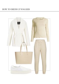 White Sportswear Joggers For Winter, White Athleisure Joggers For Fall, How To Style Cream Joggers, Off White Joggers Outfit, Sporty White Joggers For Fall, Ivory Joggers Outfit Women, Cream Joggers Outfit Women Winter, Blonde Hair With Copper Lowlights, White Joggers Outfit