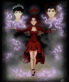 a woman in a red dress and two men wearing tiaras