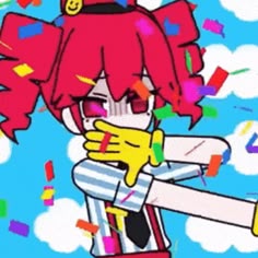 an anime character with red hair and glasses holding her arms out in front of colorful confetti