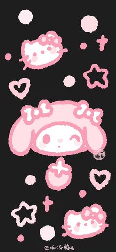 an image of hello kitty with hearts and stars in the sky on a black background