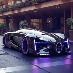 a futuristic car is parked in front of a building