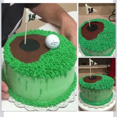 a cake with green frosting that has a golf ball on top and the hole in the middle