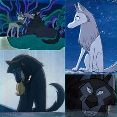 four different pictures of the same character from disney's animated movie, which includes wolf and