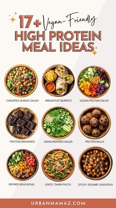 Looking for vegan friendly high protein meal ideas? Check out this list of 17+ high protein vegan meals you'll want to try ASAP! Nutritional Vegan Meals, Vegan Protein Meal Ideas, 150g Protein Meal Plan Vegetarian, High Protein Vegan Meal Prep Ideas, Clean Vegan Protein, Vegan Protein Food, Vegan Fiber Meals, Vegan Meals Protein, Vegan Protein Lunch Ideas