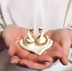 two white swans sitting on top of each other in their hands