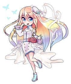 an anime character with long hair and blue eyes, holding a rose in her hand