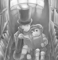 a drawing of a boy reading a book with a top hat on his head and holding a teddy bear