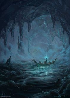 a painting of a boat in the middle of a lake surrounded by caves and trees
