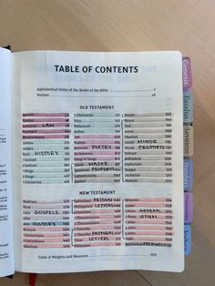 a table of contents in a book on top of a wooden table next to a pen