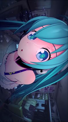 an anime character with blue hair and big eyes looking at something in the distance,