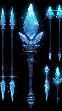 a set of different types of diamond and crystal wands on a black background illustration