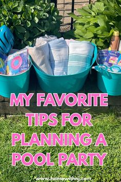 three buckets filled with cleaning supplies sitting in the grass