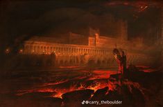 a painting of a man standing on top of a hill in front of a castle