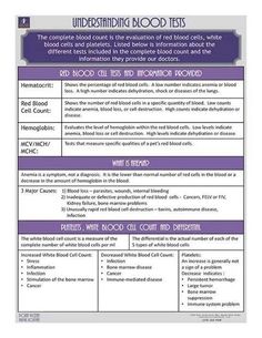 the blood test sheet is shown in purple and white, with information about blood tests