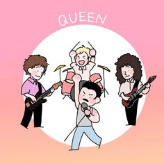 a group of people standing around each other with guitars in their hands and the words queen above them